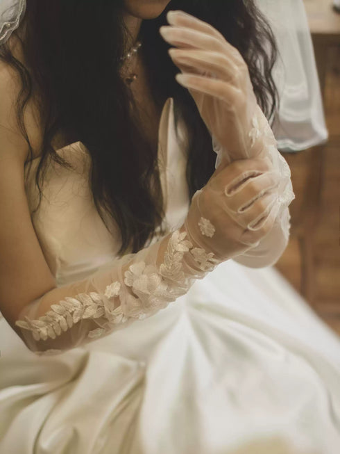 Floral Embroidered Sheer Bridal Gloves – Long Wedding Gloves